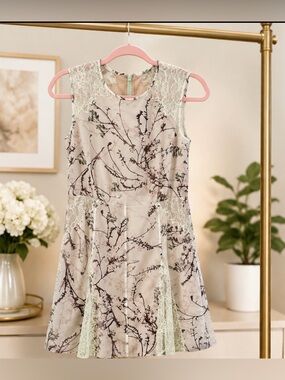 BCBG Cream Floral Lace-Trim Fit & Flare Dress